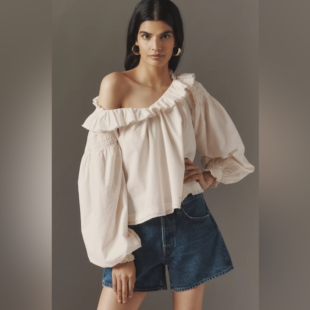 Anthropologie Pinstripe Ruffled V-Neck Blouse